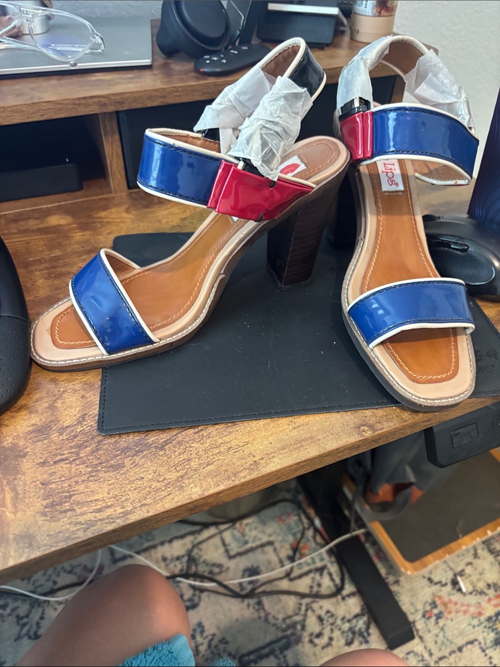 Two Lips Blue and Red Leather Block Heel Sandals